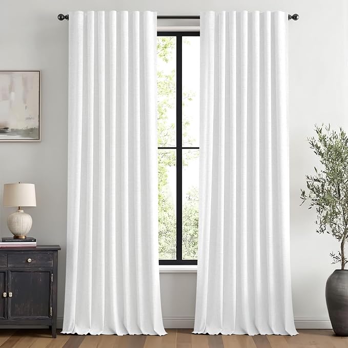 MIULEE 100% Blackout Linen Curtains 42 x 96 Inch Bright White 2 Panels | Thermal Insulated, Room Darkening Drapes for Bedroom Living Room, Back Tab Rod Pocket Pinch Pleated, Solid Luxury Decor