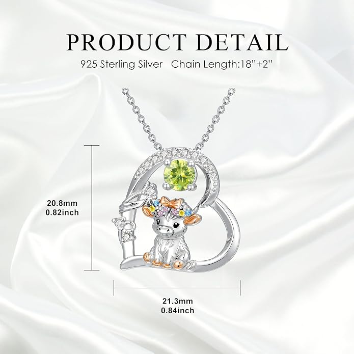 Highland Cow Gifts for Women 925 Sterling Silver Highland Cow Birthstone Necklace Fluffy Cow Jewelry Gifts Birthday Christmas
