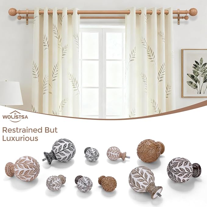 Boho Decorative Double Curtain Rods for Windows, 36-76 Inch, Wood | Handmade Wood Grain Leaf Finials, Heavy Duty Adjustable Rustic Metal Dual Layer Curtain Rod, 40 lb Capacity, Easy to Install