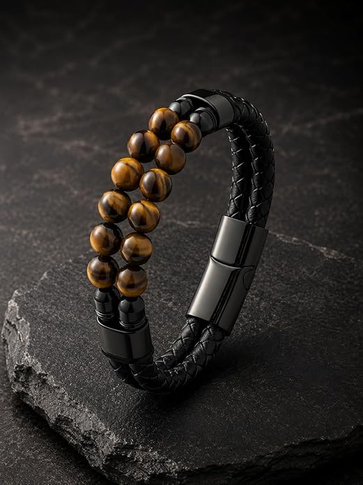 Black Braided Leather Bracelet for Men with Turquoise, Lapis Lazuli, Tiger Eye, Obsidian Stone Double-Row Wristband Beads with Stainless Steel Clasp Fashion Jewelry Gift for Him