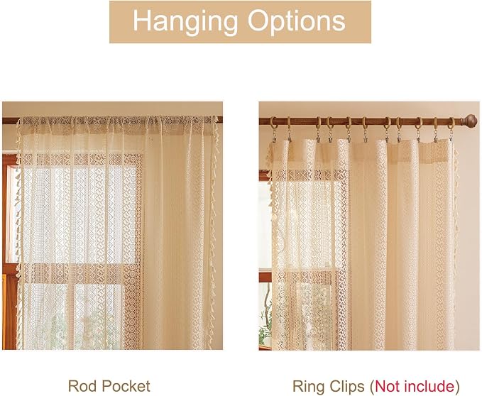 Sutuo Home Boho Curtains 2 Panels for Kitchen Kid's Room, Lace Curtains Semi Sheer Crochet Vintage Country Tassels Bohemian Drape Privacy Window Treatments Rustic Geometry Rod Pocket, 50" x 63" Beige