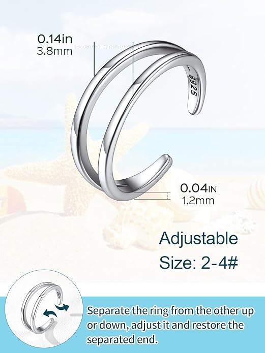 ChicSilver 925 Sterling Silver Toe Ring Minimalist Hypoallergenic Adjustable Band Ring Summer Beach Bare Foot Jewelry