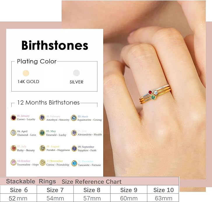 Birthstone Rings for Women Non Tarnish 14K Gold Plated Sterling Silver Stackable Birthday Gifts for Mom Dainty Emerald Green Blue CZ Gemstone Ring for Mothers Daughter Bridesmaid Gifts Jewelry