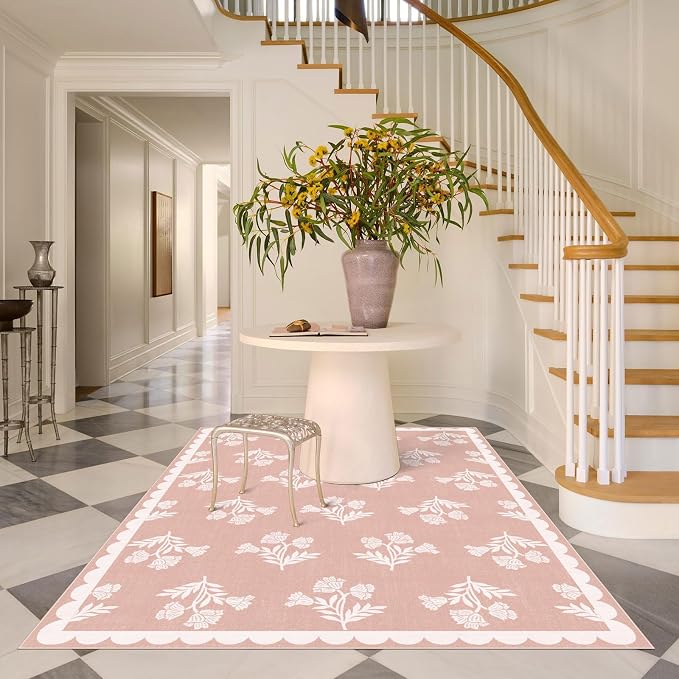 Pink Rugs for Bedroom Girls - 5x7 Cute Pastel Pink Soft Washable Boho Scalloped Bedroom Rug Non Slip Stain Resistant Rugs for Living Room Nursery Kids Playroom Dorm Preppy Baby Room Home Decor