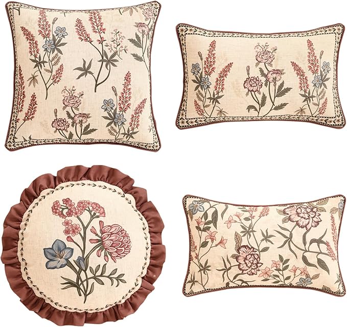 ISAENNE Designer Elegant Linen Throw Pillow Cover,Set of 4-Helena ABCD | French Cottage Pillow Cover,Concealed Zipper,Floral Pattern,Sofas,Bedroom,Living Room,Lounge Chairs,All Season Home Decor