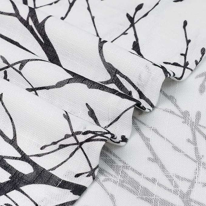FMFUNCTEX Linen Black White Semi Sheer Print Curtains 45 Inch Long 2 Panels | Short Sheer Branch Patterned Drapes, Light Filtering Grommet Panels for Kitchen, Bathroom, Cafe Windows and Farmhouse Curtain