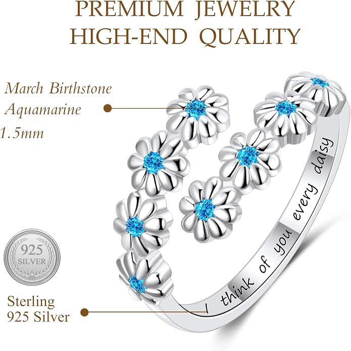 Dainty Daisy Ring for Women, S925 Sterling Silver Cubic Zirconia Sunflower Flower Ring For Daughter, I Think Of You Every Daisy Ring, Birthstone Flower Ring