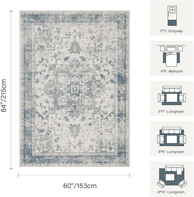 Rugxara Area Rugs 5x7, Washable Rugs for Living Room, Vintage Boho Light Blue Rug for Office, Dining Room, home decorKids Room and Farmhouse,Home Decor Durable Low Pile Non-Slip for High Traffic Areas