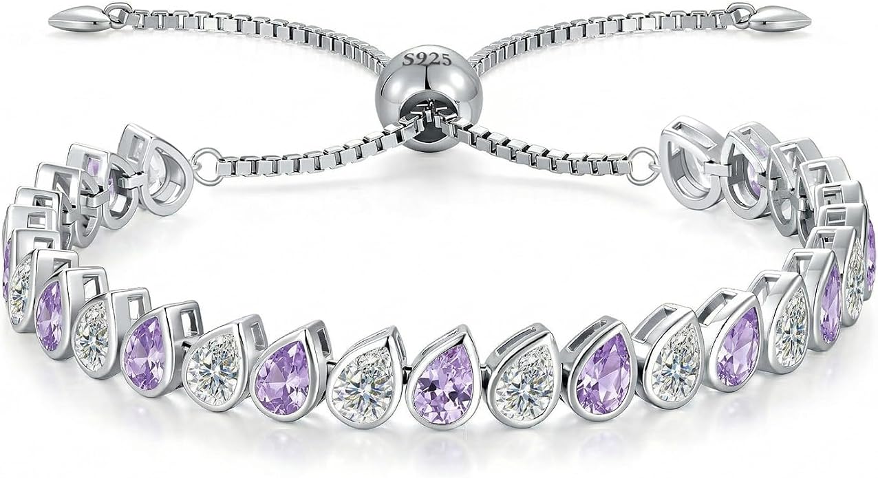 Birthstone Tennis Bracelet for Women 925 Sterling Silver Pear Shaped Gemstone Inlaid White Gold Plated Adjustable Chain Gifts for Mom Wife