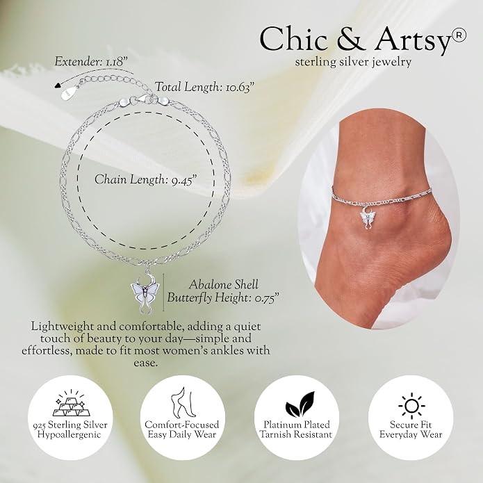 CHIC & ARTSY 925 Sterling Silver Ankle Bracelets for Women, Adjustable Layered Foot Chains with Nature & Symbol Charms, Lightweight Comfort Fit Boho Beach Everyday Jewelry