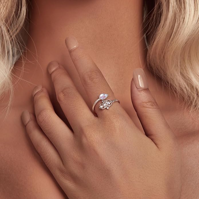 Animal Open Adjustable Ring Playful Cat Dachshund Snake Koi Fish Hummingbird Bat Heart Feather Stacking Ring for Women, Sterling Silver Plated Pet Memorial Jewelry Gift for Cat Lovers