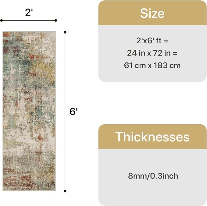 GENIMO Runner Rug Non Slip 2x6, Washable Rug Runner for Hallways Kitchen, Abstract Modern Kitchen Rugs, Low Pile Lightweight Carpet Runners for Entryway, Bedroom, Laundry, Rust Green