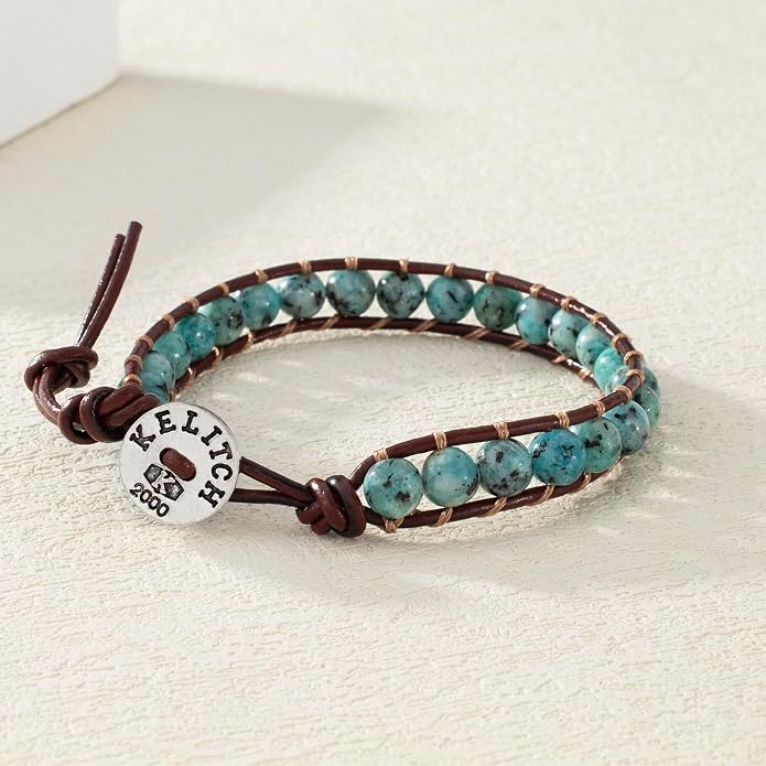KELITCH Turquoise Mix Beaded Bracelets Single Wrap Bracelet on Brown Leather Handwoven New Jewelry