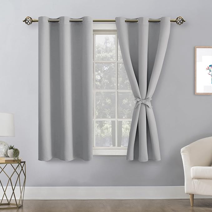 Hiasan Blackout Curtains for Bedroom - Thermal Insulated & Light Blocking Window Curtains for Living Room/Kids Room, 2 Drape Panels Sewn with Tiebacks, Silver Grey, 52 x 45 Inch