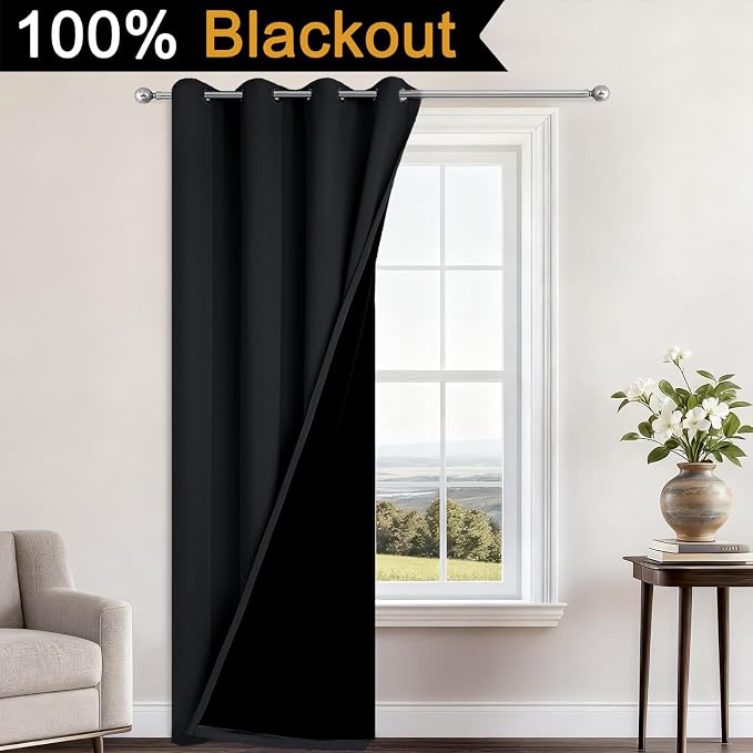 Yakamok Black Blackout Curtains 84 Inches Long for Bedroom 52" Wide 1 Panel | Blackout Curtain Panels for Bedroom, 2 Thick Layers Grommet Top Thermal Insulated Drapes with Black Liner for Living Room