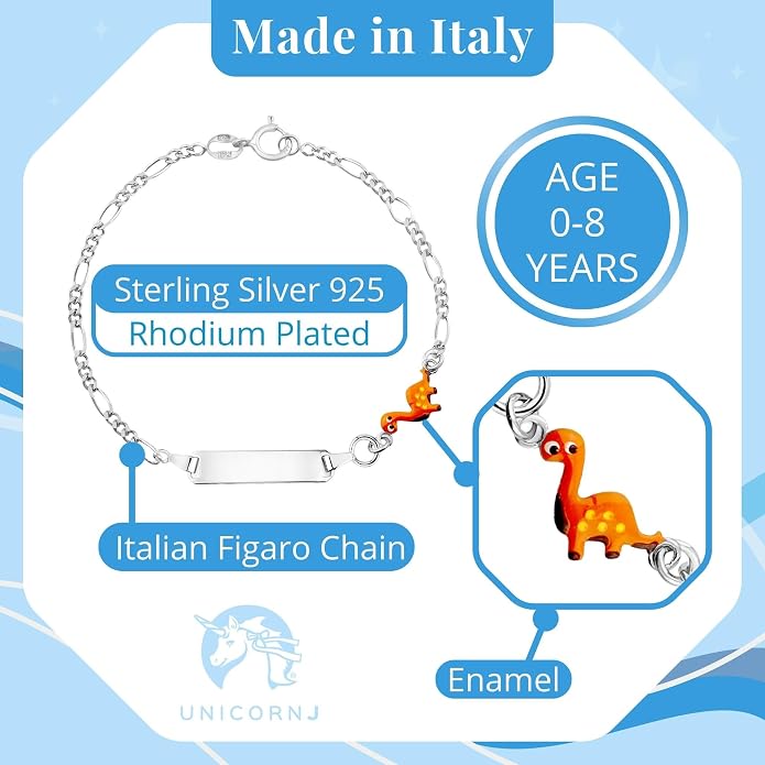 UNICORNJ 925 Italy Sterling Silver Child or Baby Name Bracelet Girls Boys, Personalized Engraved Kids ID Bracelets, 6.5" Figaro Chain, Enamel Charm Newborn Infant Toddler Kid Jewelry