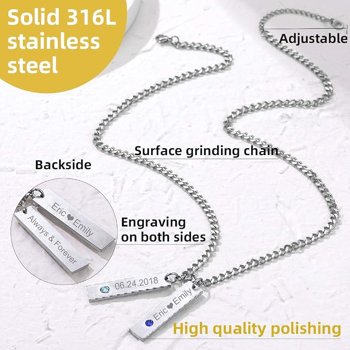 GOLDCHIC JEWELRY Personalized Birthstone Name Necklaces for Men Women, Engraved Family Names Necklace with Birthstone Vertical Bar Necklace, Pendant for Husband/Father/Grandma/Wife Birthday Gifts
