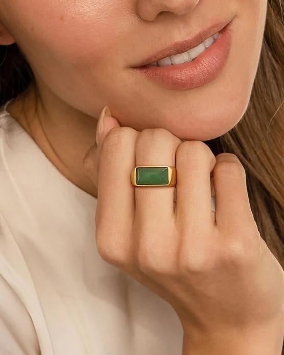 YeGieonr Gold Signet Rings for Women Non Tarnish Gold Rings, Waterproof Gemstones Statement Ring, 18K Gold Plated Stainless Steel Gem Stone Jewelry Gift for Everyday Wear