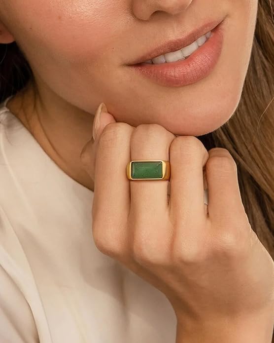 YeGieonr Gold Signet Rings for Women Non Tarnish Gold Rings, Waterproof Gemstones Statement Ring, 18K Gold Plated Stainless Steel Gem Stone Jewelry Gift for Everyday Wear
