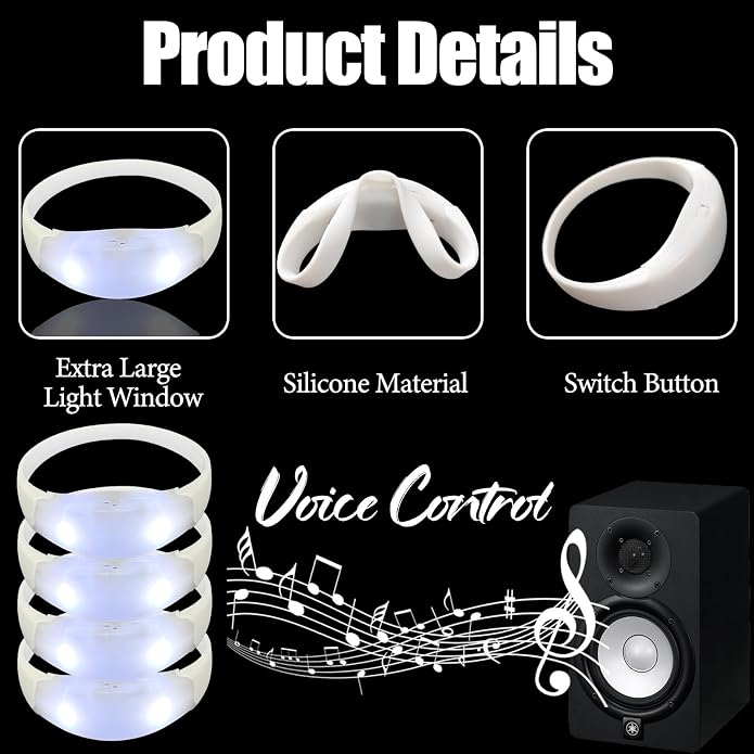24 Pcs Sound Activated LED Glow Bracelets Light Up Bracelets for Adults Glow in the Dark Bracelets Neon Supplies for Concert