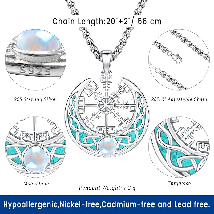 Eusense Viking Necklace for Men Women 925 Sterling Silver Pendant Thors Hammer/Norse Runes/Odin's Ravens/Wolf/Dragon/Snake/Yggdrasil/Freya/Helm of Awe/Valknut/Triskelion/Axe/Shield Viking Jewelry