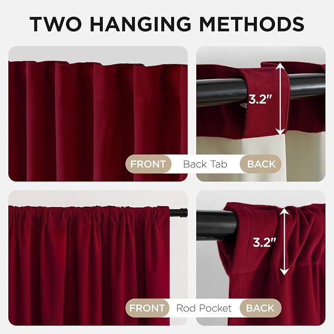 Joydeco 100% Blackout Velvet Curtains Red 120 Inch Back Tab | Luxury Thermal Insulated Velvet Curtains for Bedroom Living Room, Soundproof Blackout Window Drapes
