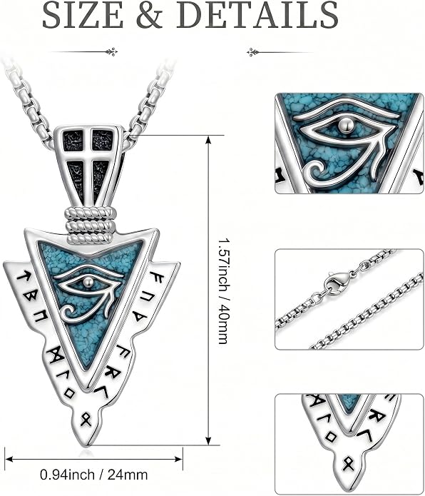 Viking Turquoise Arrowhead Necklace for Men Celtic/Evil Eye/Ankh/Valknut/Compass Arrow Head Pendant Fathers Day Birthday Gifts