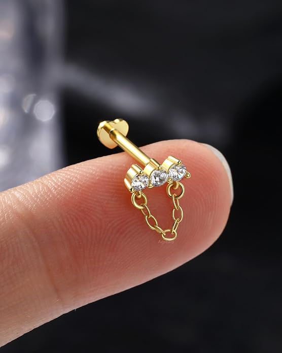 14K Gold Plated Cartilage Earrings Stud 16G 925 Sterling Silver Helix Heart Flat Back Earrings Dangle Internally Thread