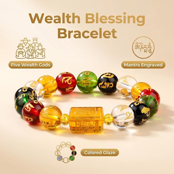 LINGYUAN Feng Shui Wealth and Luck Bracelet with Gold Foil Five Gods Amulet-Red Agate Cinnabar Gemstone Bracelet for Prosperity, Protection & Success, Lucky Charm Gift for Men & Women