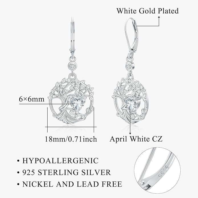 Odinstone 925 Sterling Silver Earrings Tree of Life Teardrop Moonstone Dangle Drop Leverback Earrings for Women