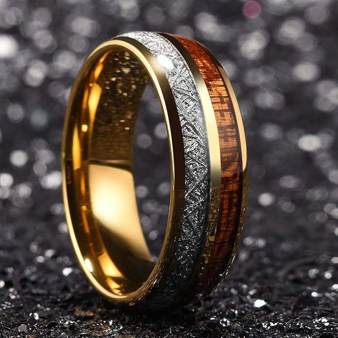 King Will Tungsten Rings for Men Meteorite Carbon Fiber Wood Inlay Mens Wedding Engagement Band Domed Polished