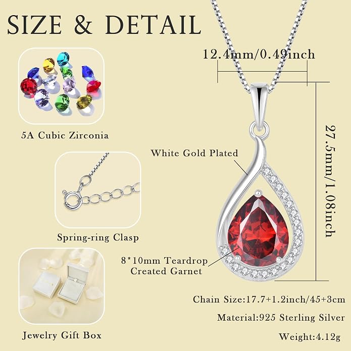 Teardrop Birthstone Necklace for Women 925 Sterling Silver White/Yellow Gold Plated Cubic Zirconia Pendant Necklace Jewelry for Her