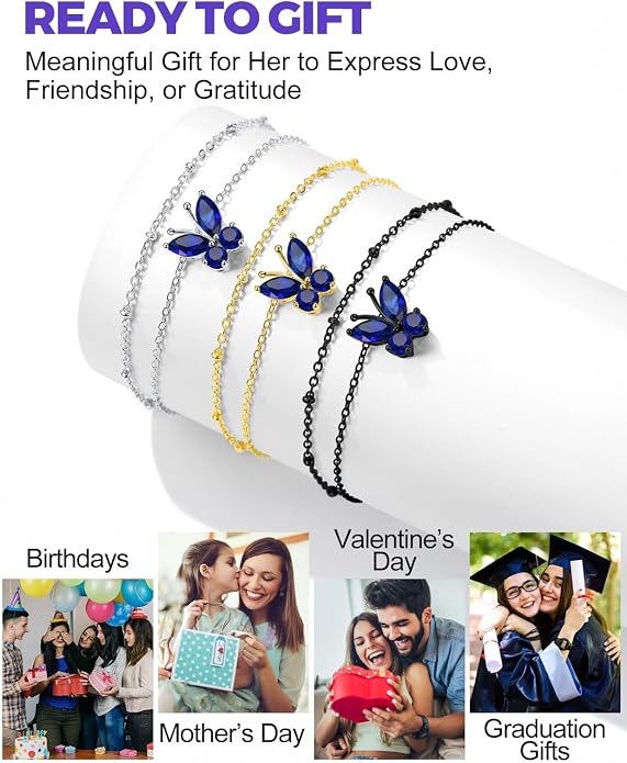Richsteel Double Layer Heart/Butterfly Birthstone Anklet for Women Non Tarnish Waterproof, Silver/Gold/Black Stainless Steel 8.5-10.5 Inch Adjustable Chain Anklets Jewelry Gifts for Her