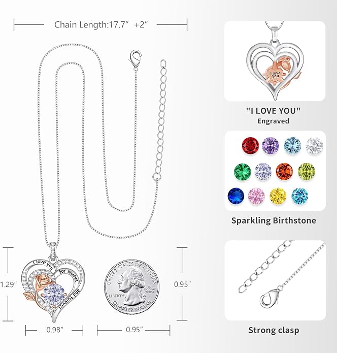 Birthstone Heart Necklaces for Women 925 Sterling Silver Fine Jewelry Rose Pendant Necklace Anniversary Birthday Mothers Day Gifts Her Wife Women Mom Daughter