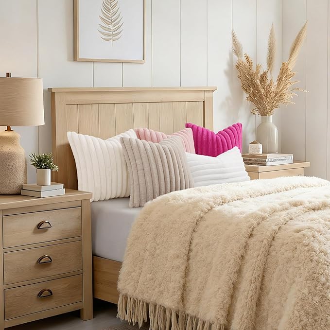 decorUhome Fall Faux Fur Throw Pillow Covers 24x24 Set of 2 White | Decorative Soft Cozy Striped Plush Modern Farmhouse Boho Couch Pillow Cases Velvet Back for Sofa Bed Living Room Home Decor