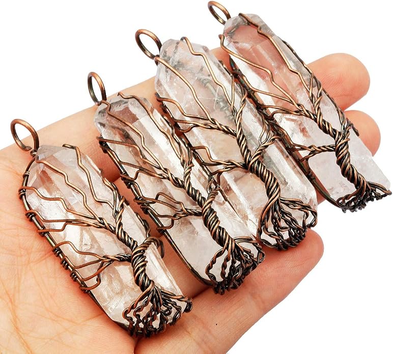 TUMBEELLUWA Stone Point Tree Pendant Necklace,Raw Crystal Healing Wire Wrapped Chakra Handmade Jewelry for Women Men
