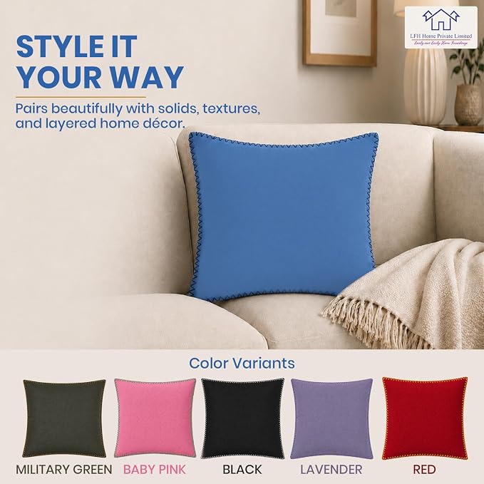 LFH Home Sky Blue Cotton Rich Throw Pillow Covers 18x18 Set of 2, Decorative Cushion Covers with Blanket Stitch Edge, Farmhouse Accent Pillow Cases for Sofa Couch Bed Living Room, 18 x 18 Inch