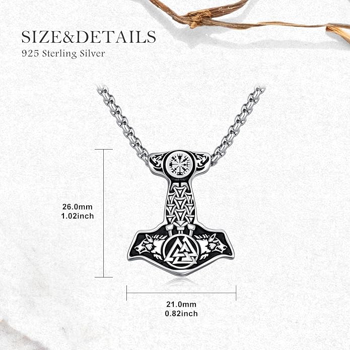 Thors Hammer Necklace for Men Women 925 Sterling Silver Viking Mjolnir Necklace with Stainless Steel Chain Thor's Hammer Necklace Thor Hammer Necklace