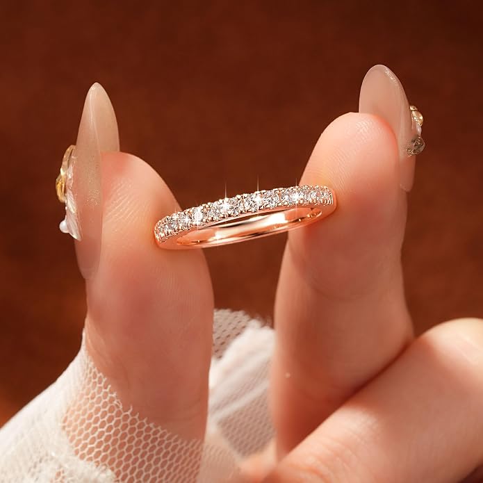 14K Gold Filled Silver Simulated Diamond Moissanite Engagement Promise Ring for Her, Stackable Ring Channel Setting Full Eternity Bridal Band Halo Rings Wedding Bands Size 4 to 10