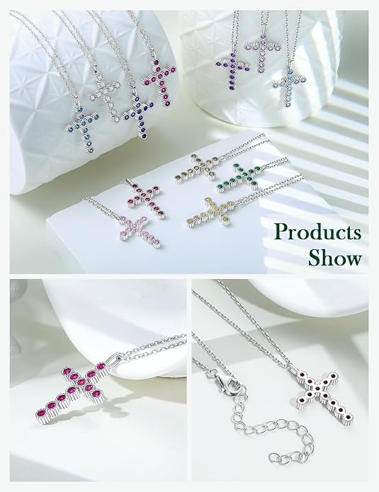 Sterling Silver Cross Necklace for Women Birthstone Religious Jewelry