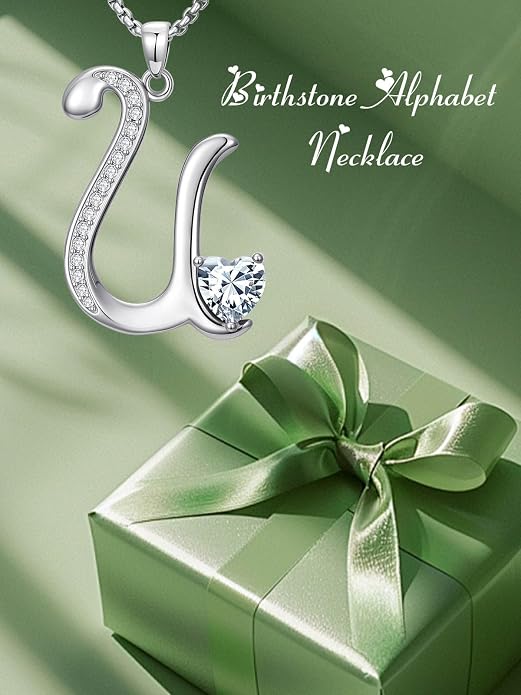 Birthday Gifts for Women Alphabet A to Z Initial Birthstone Pendant Necklaces for Women - 18k White Gold Plated Personalized Name Jewelry Anniversary Graduation Gifts for Wife Her Daughter Girlfriend(with Gift Box)