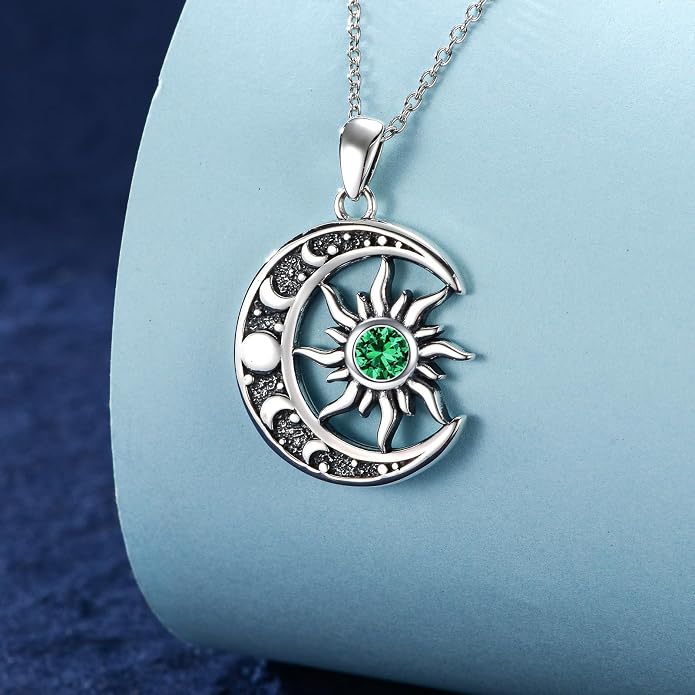 Sun and Moon Necklace 925 Sterling Silver Sun Moon Pendant Gemstone Jewelry Gifts for Women