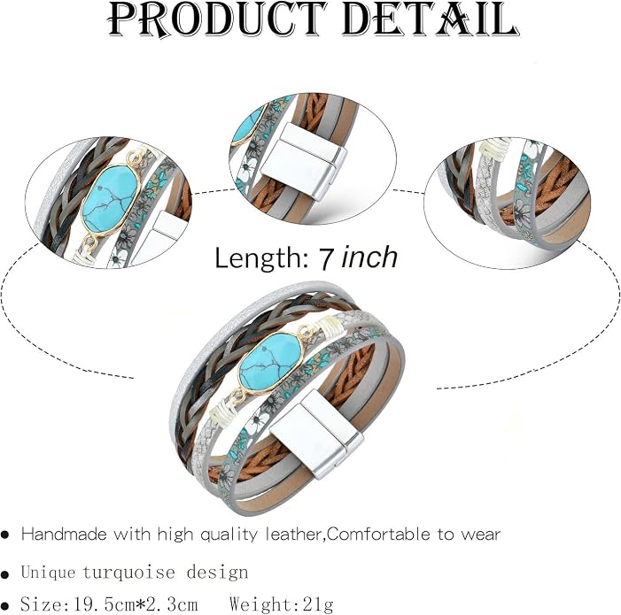 Turquoise Bracelet Leather Wrap Bracelets for Women Fashion Multi-Layer Jewelry for Her