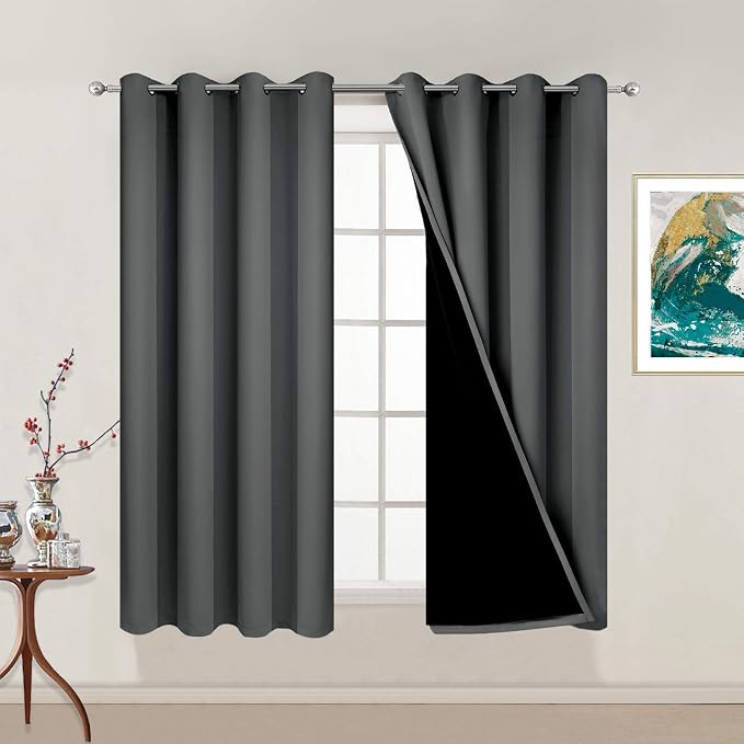 Yakamok Dark Grey 100% Blackout Curtains 54 Inches Long 52" Wide 2 Panels | Blackout Curtain Panels for Bedroom, 2 Thick Layers Grommet Top Thermal Insulated Drapes with Black Liner for Living Room