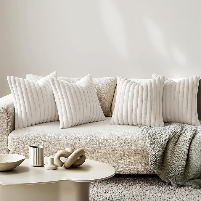 MIULEE Faux Fur Plush Decorative Throw Pillow Covers 18x18 Set of 4, Spring Modern Soft Fuzzy Striped Cushion Covers for Spring Sofa Couch Bed Living Room Cozy Home Decor,Pure White