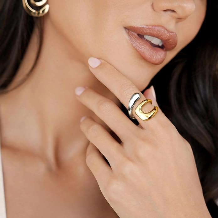 Gelbesty Waterproof Gold Statement Rings for Women, 14K Gold Plated Chunky Open Stackable Rings Non Tarnish Fashion Adjustable Stainless Steel Pinky Knuckle Signet Vintage Ring Jewelry Size 5-11