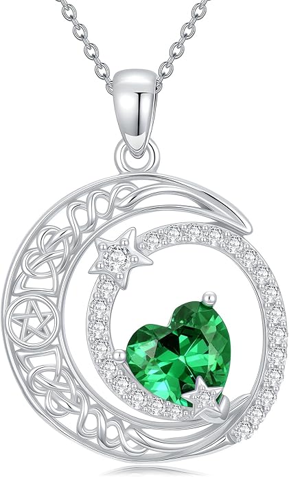 Dorunmo Heart Birthstone Necklace for Women 925 Sterling Silver Moon and Star Pendant Birthday Jewelry Gifts for Wife Her Daughter Mom