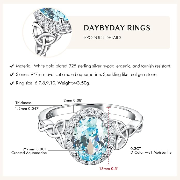 DAYBYDAY Celtic Birthstone Rings for Women 925 Sterling Silver Heart/Round/Pear/Oval Created Gemstone Moissanite Halo Engagement Promise Rings for Her Wife Birthday Anniversary Wedding Jewelry