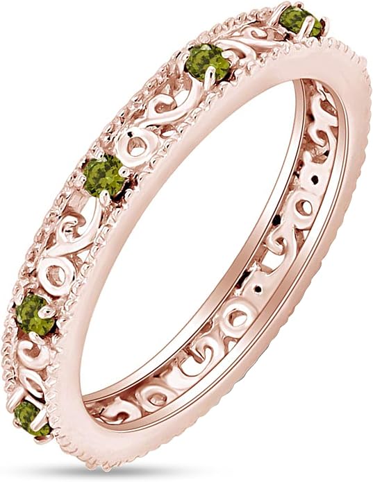Jewel Zone US Filigree Eternity Wedding Band Ring for Women, Round Cut Simulated Gemstone Stackable Promise Ring in 14K Gold Plated 925 Sterling Silver Band Width 3.5mm – Elegant Jewelry for Her
