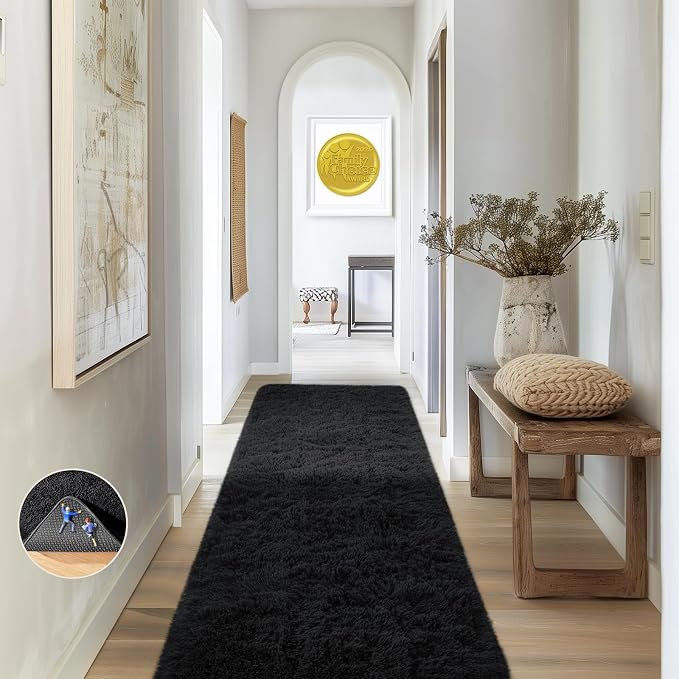 Ophanie Runner Rug for Hallway, 2x7 Washable Non-Slip Fluffy Soft Bedside Rugs, Bedroom Living Room Shaggy Carpet for Kids Girls Boys Dorm Nursery Decor Aesthetic, Black with Over 99 pcs Pile fibers